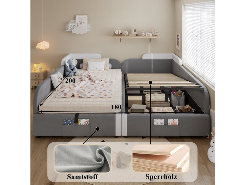  Lit coffre enfant 90x200 cm, avec lit enfant combiné double, rangement, sommiers, velours, gris et blanc, sans matelas  - Conforama E