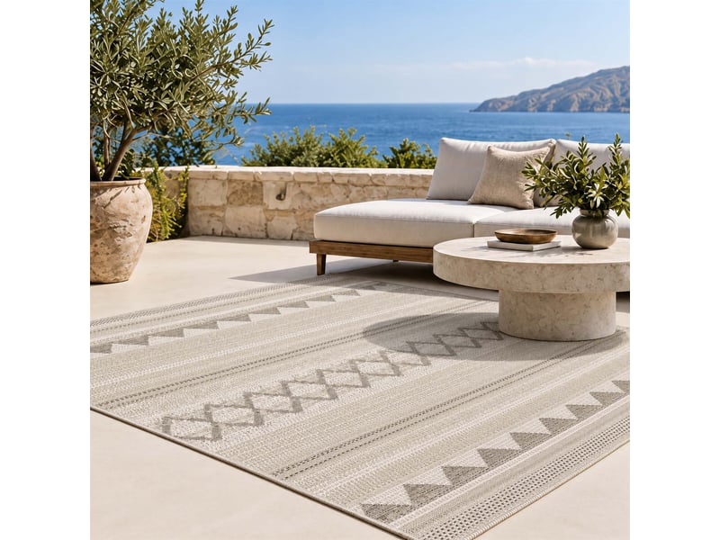  The white stone tapis extérieur motif ethnique 200x290 cm beige | pour intérieur et extérieur, résistant aux uv et à l'eau, lavable | tapis en polypropylène tissé à plat effet sisal  - Conforama C