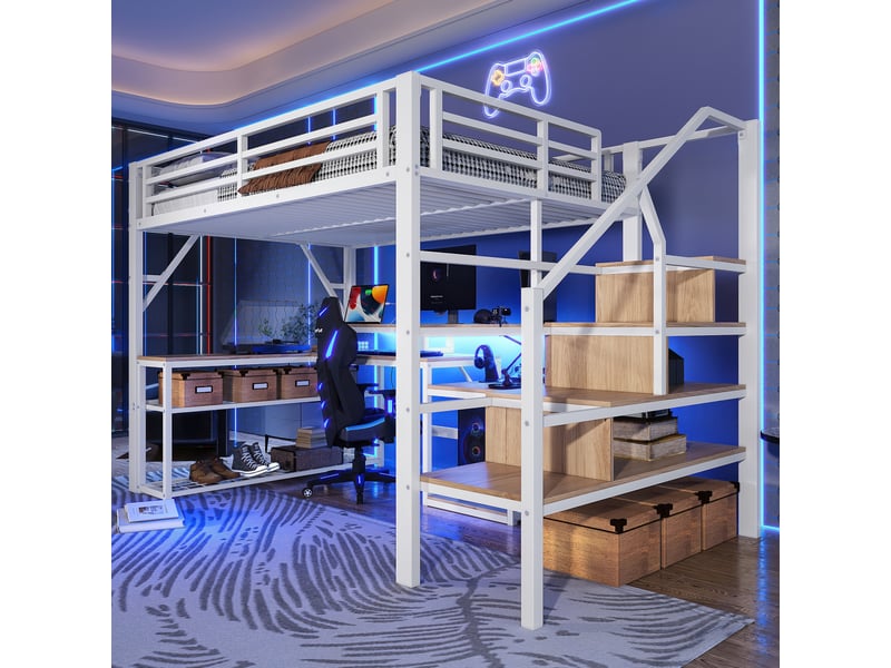 Lit mezzanine 140x200 cm avec bureau intégré, led pilotable et escalier de rangement, métal et mdf, blanc, sans matelas - Conforama R