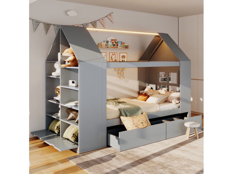  Lit cabane modenvie 90 x 200 cm avec 2 tiroirs, led, rangement, gris, bois et mdf  - Conforama B