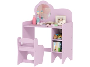 Coiffeuse pour enfant avec tabouret, miroir en forme de fleur et étagères ouvertes (3-8 ans) - violet