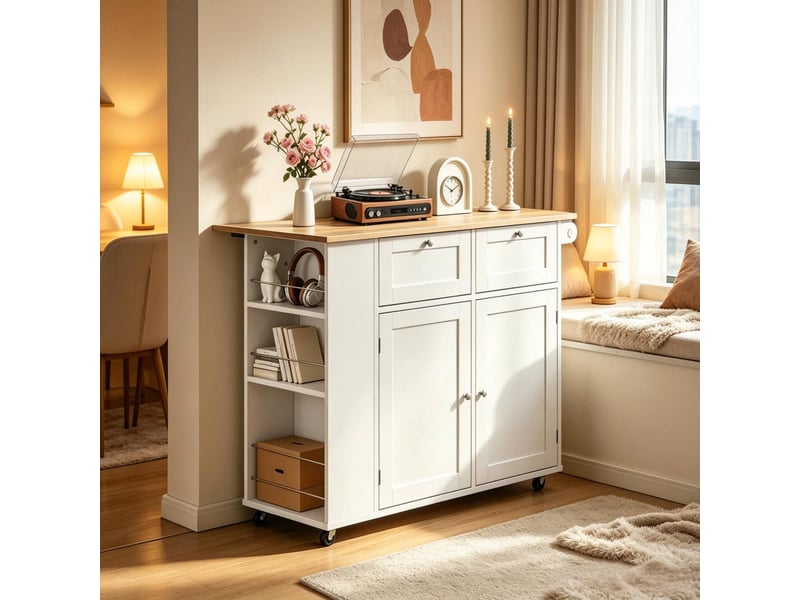  Îlot de cuisine mobile à plateau rabattable, blanc et chêne clair, 101 x 62 x 86 cm  - Conforama D