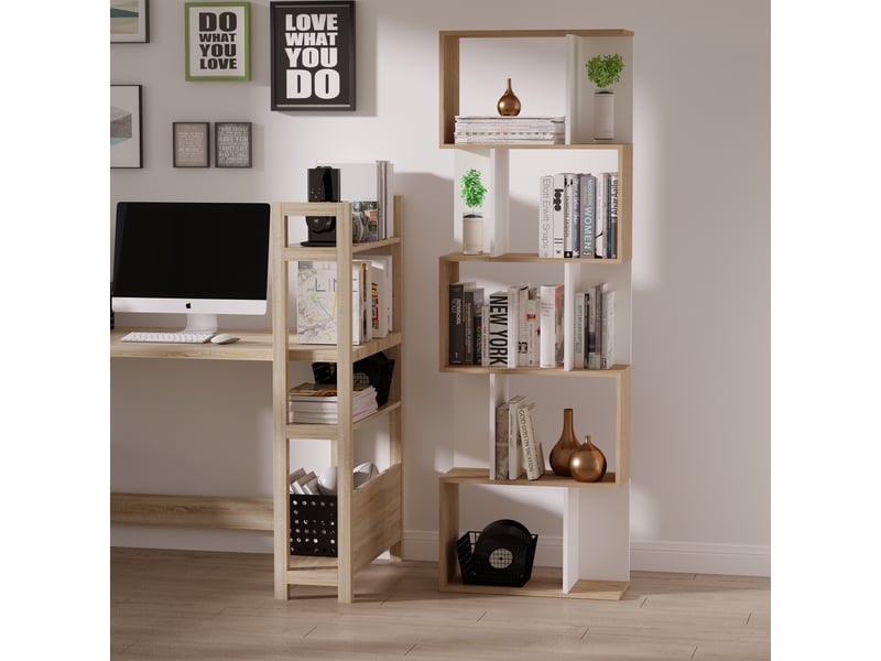  Étagère 5 niveaux en s, bois gain de place, séparation salonchambrebureau, bois et blanc, 60x24x184,5 cm.  - Conforama C