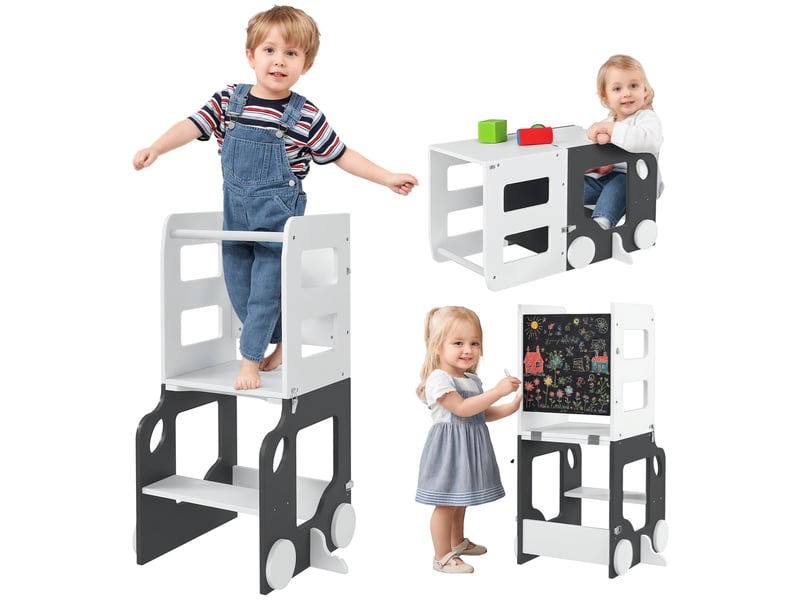 Échelle montessori 4 en 1 pour enfants avec 2 tableaux noirs et un ensemble table et chaise, en bois, 58 x 46 x 92 cm, blanche - Conforama A