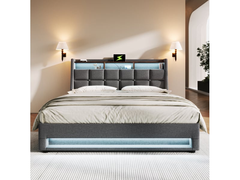  Lit coffre ulevr 160 x 200 cm avec led et usb, tête de lit avec rangement, revêtement en lin, gris  - Conforama D