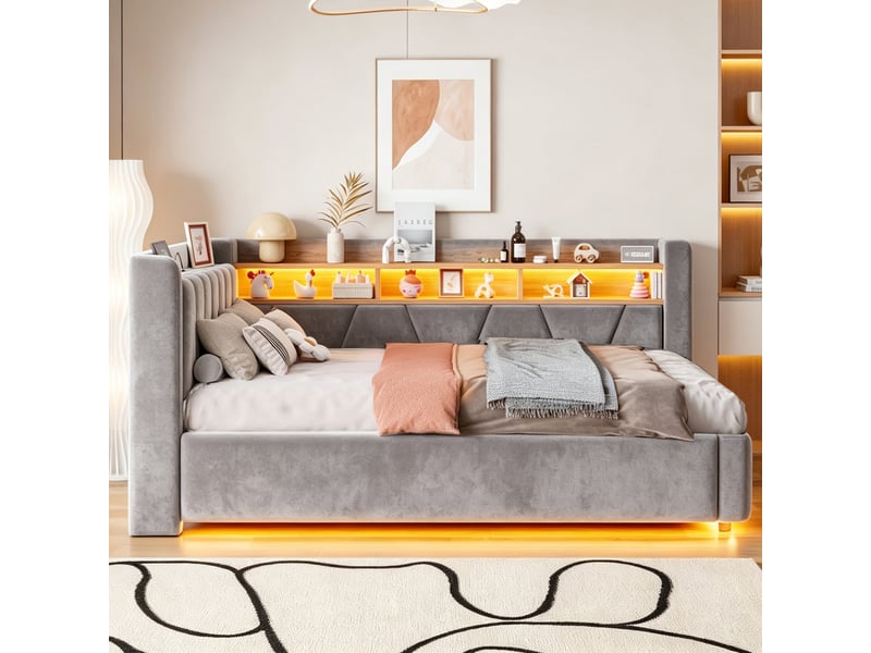  Lit banquette coffre 90x200 cm avec rangement hydraulique, étagères, port usb et éclairage led, velours gris  - Conforama D