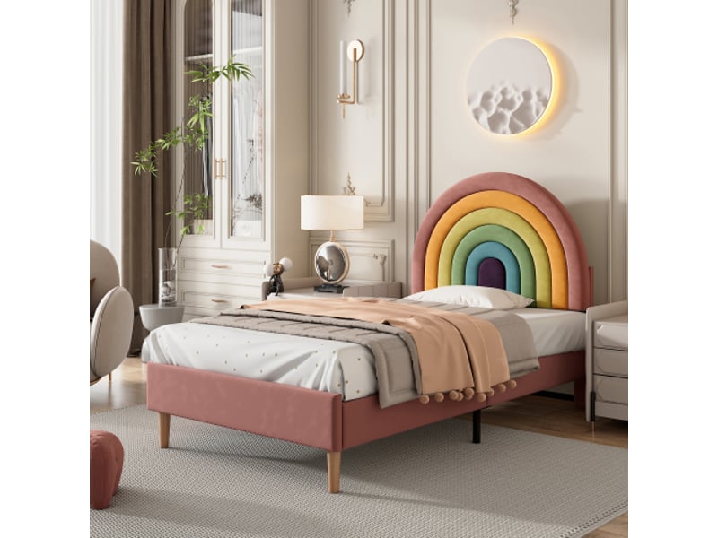  Lit enfant 90x200 cm, lit simple avec sommier à lattes et tête de lit, tissu en velours rose, sans matelas  - Conforama C