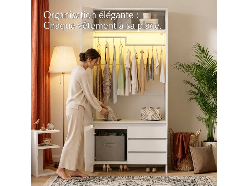 Armoire blanche 2 portes avec penderie et 2 tiroirs, poignées bois, 90x45x200 cm - Conforama C
