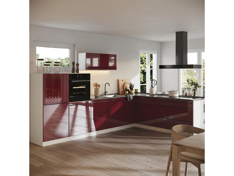  Vicco cuisine en angle, rouge brillantblanc, 327 x cm plan de travail marbre  - Conforama C