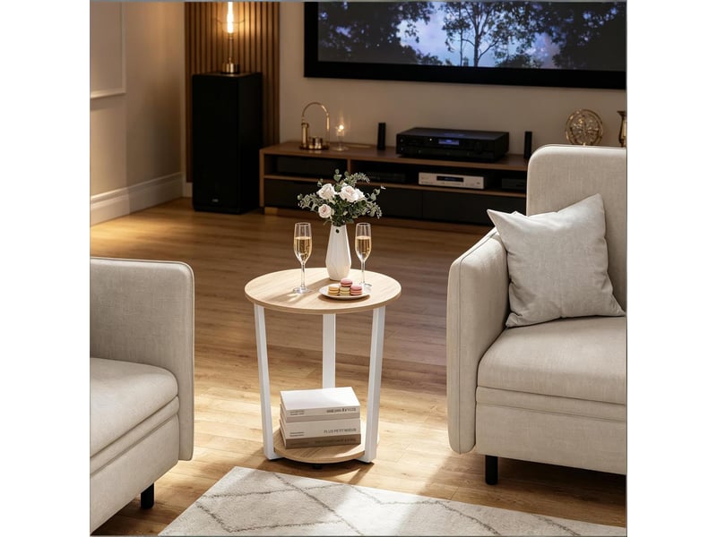  Table d'appoint ronde avec étagères en bois et métal blanc et chêne clair ø50x53 cm  - Conforama E