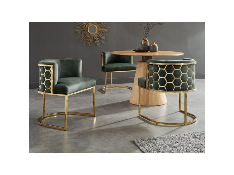  Chaise velto vert profond en velours – structure dorée brillante, accoudoirs et dos nid d'abeilles  - Conforama B