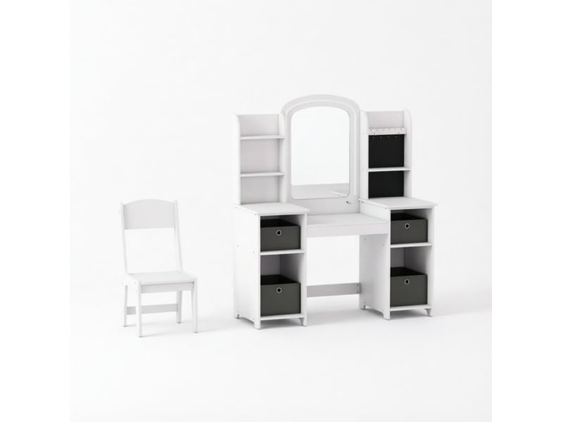 Coiffeuse pour enfants avec miroir led, tabouret et rangements ouverts, pour chambre, en mdf, blanche, 3 à 8 ans