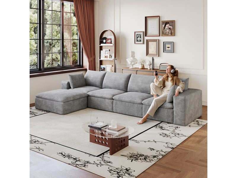  Canapé modulaire sans montage avec rembourrage amovible - soutien en mousse, tissu gris 340 cm  - Conforama B