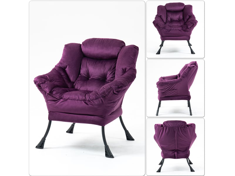  Fauteuil de relaxation violet avec structure métal et poche latérale, 75 × 80 × 85 cm, pour lire et se reposer  - Conforama D