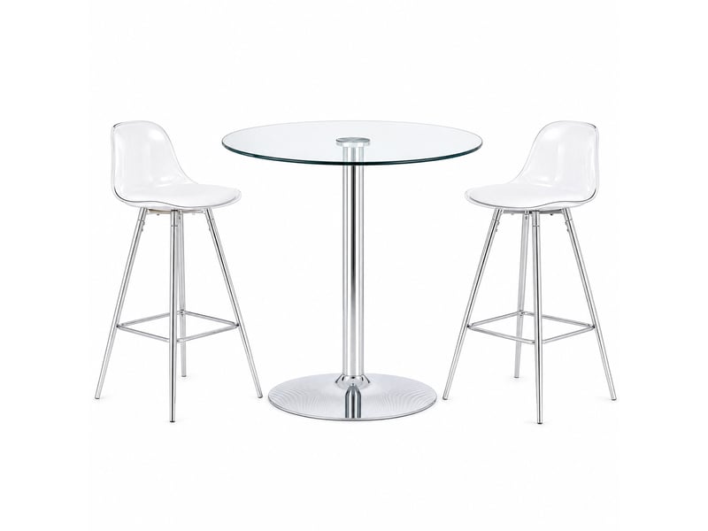  Ensemble bar 2 places avec table ronde en verre ø 89 cm et 2 tabourets argentés  - Conforama A