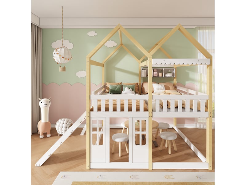  Lit cabane enfant modenvie mi-hauteur avec toboggan et échelle 90 x 200 cm blanc et naturel  - Conforama E