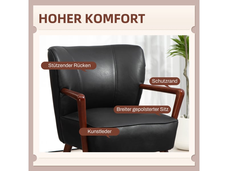  Fauteuil en similicuir et bois d'hévéa noir 67 x 77 x 80 cm  - Conforama D