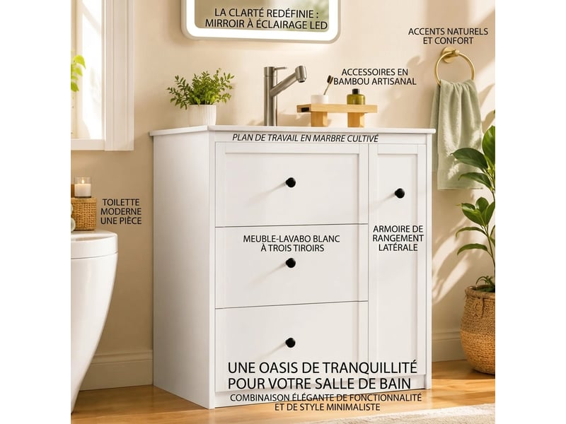 Meuble salle de bain sur pied 76 cm avec lavabo en céramique intégré et 4 tiroirs blanc - Conforama C