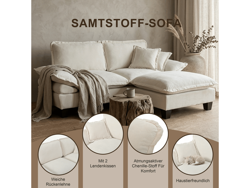  Canapé d’angle modulable, 2 poufs, rangements, ports usb et porte-gobelets, 2 coussins, 224 × 151 × 90 cm, beige  - Conforama B