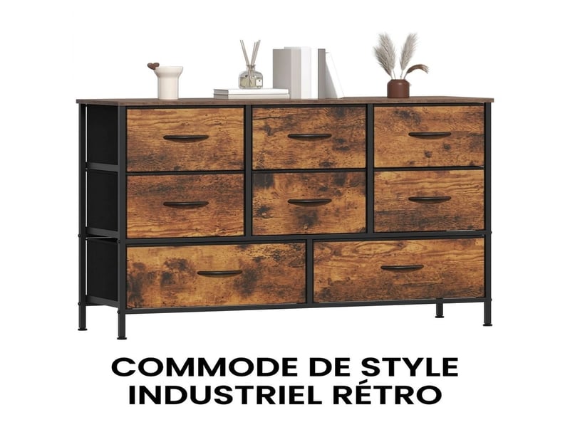  Chiffonnier meuble 100x30x76 cm huit tiroirs tissu marron rustique et metal noir chambre  - Conforama A