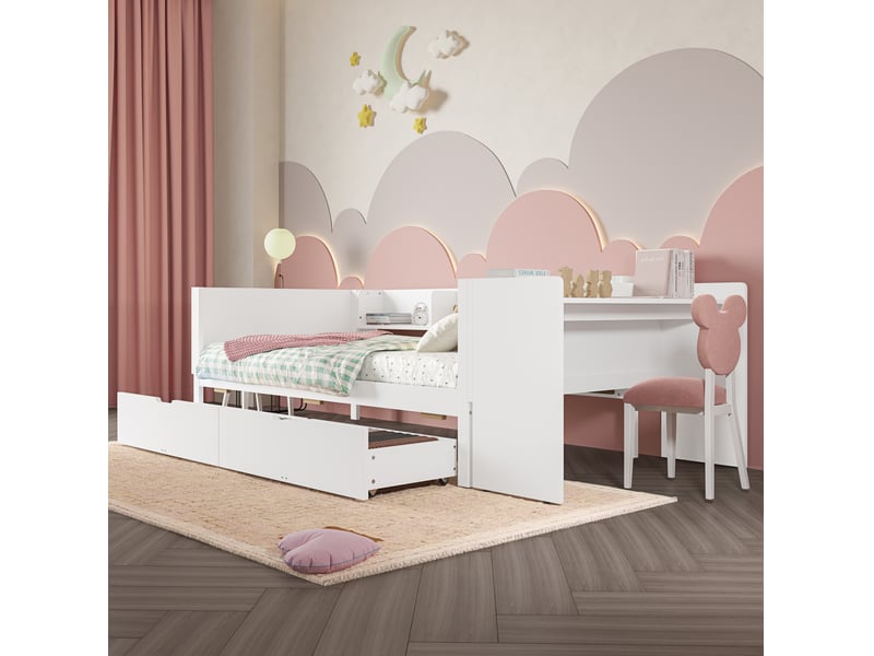  Lit simple 90x200cm bureau intégré 2 tiroirs 3 tablettes barrières hautes pin+particules blanc sans matelas  - Conforama W