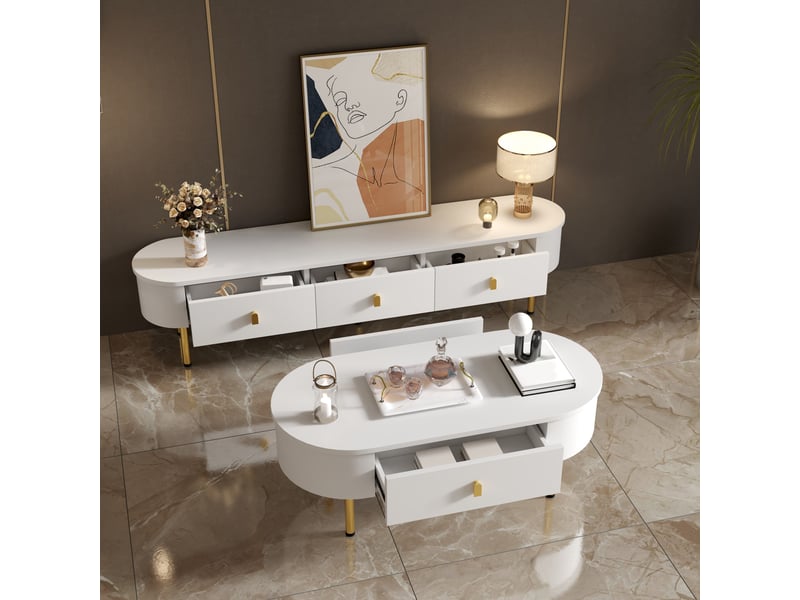  Table basse avec 2 tiroirs, poignées et pieds dorés, bords arrondis, pour salon, en mdf, blanc, 108 × 50 × 40 cm  - Conforama C