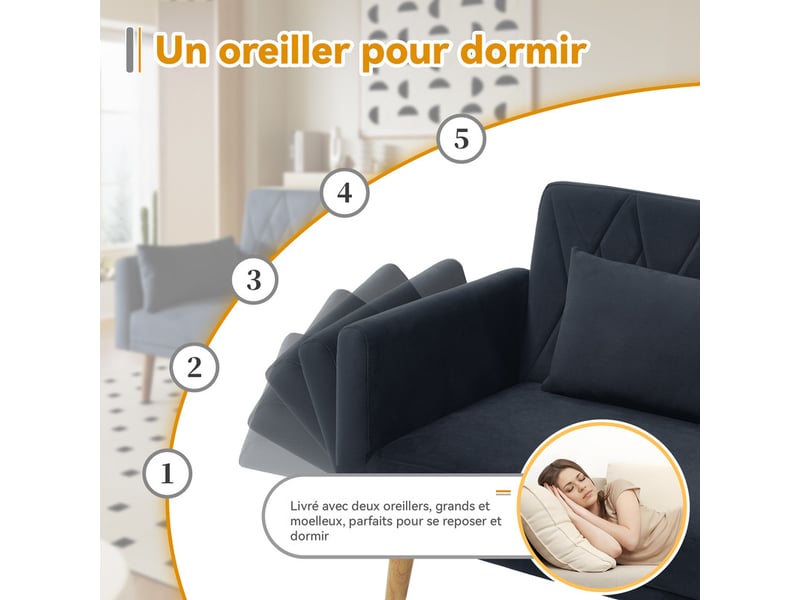  Canapé convertible en velours noir - avec 2 oreillers - réglable de accoudoirs et dossier - pieds en bois massif - 180x75x82cm 180x75x82cm - Conforama E
