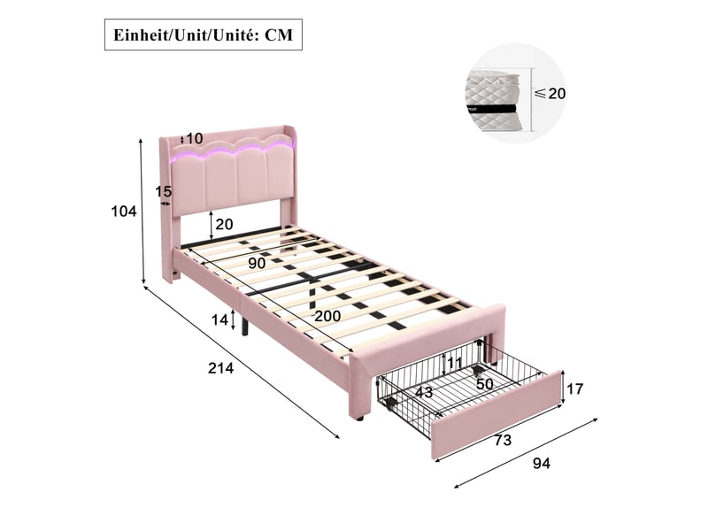  Lit enfant 90x200 cm avec 1 tiroir et led, tête de lit, mdf et métal, velours couleur rose, sans matelas, moderne  - Conforama C