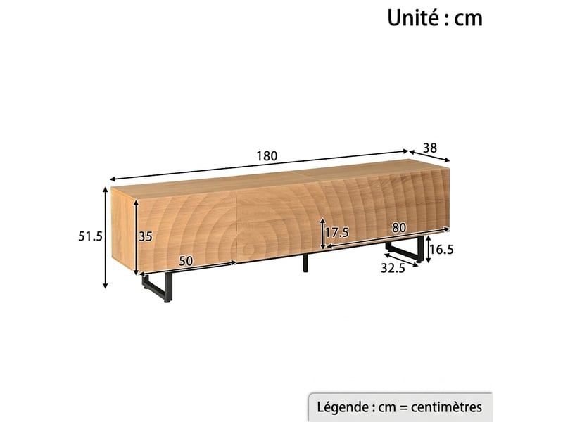  Meuble tv scandinave 180 cm effet bois naturel avec texture 3d et pieds en métal noir  - Conforama C