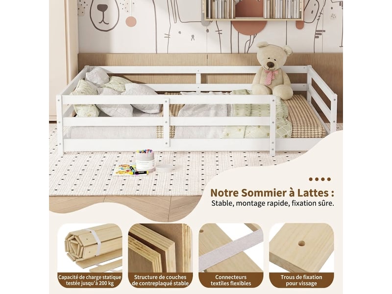  Lit montessori 140x200 au sol enfant avec barrière 4 côtés bois massif blanc  - Conforama E