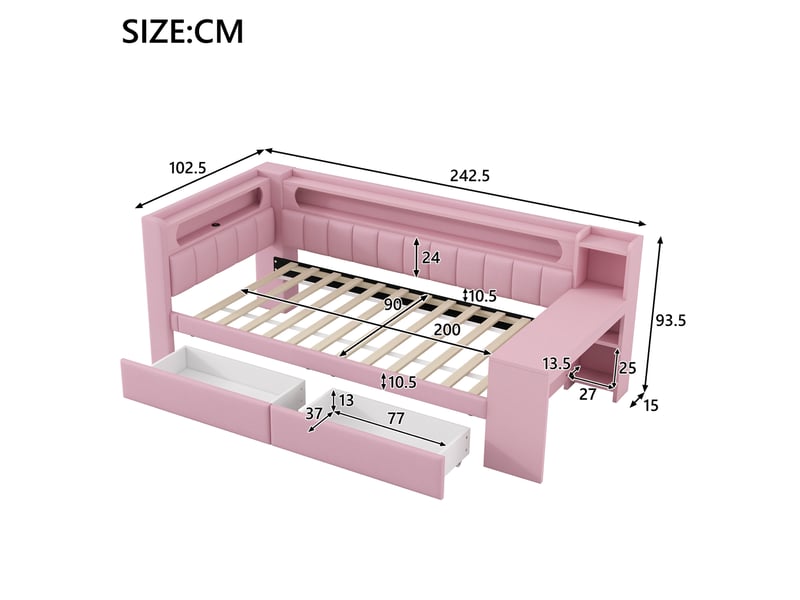  Lit banquette 90x200 cm avec bureau, led, usb et 2 tiroirs - rose  - Conforama E