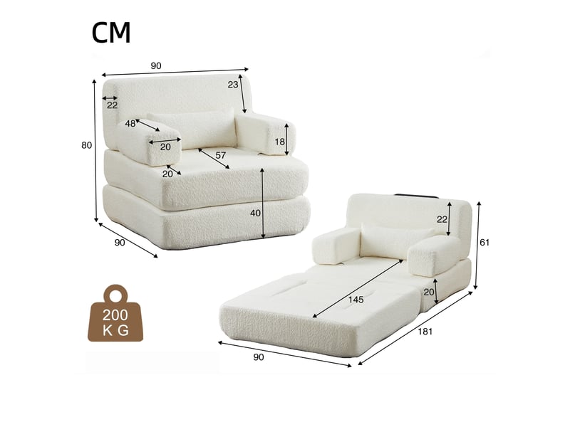  Canapé droit convertible 2-en-1, avec cadre en fer, canapé individuel réglable pour salon, chambre ou bureau, 80 x 90 x 90 cm, beige  - Conforama C