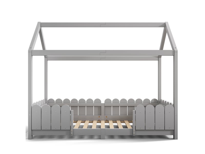  Lit cabane 90x200 en bois gris avec barrière de sécurité et sommier, lit enfant fille et garçon  - Conforama A