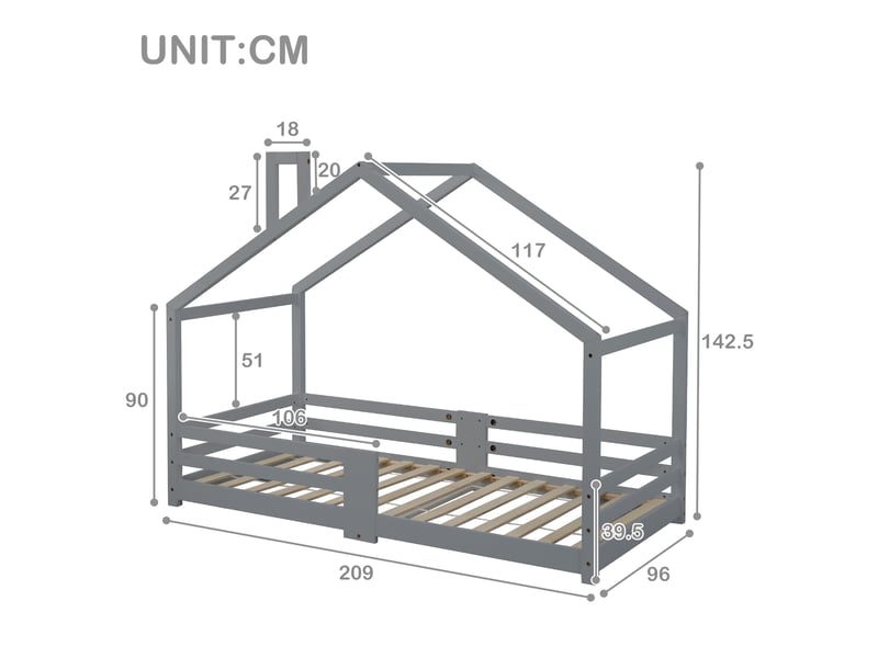  Lit cabane enfant 90x200cm, sommier, décoration de la cheminée de toit,protection, bois, gris, sans matelas  - Conforama C