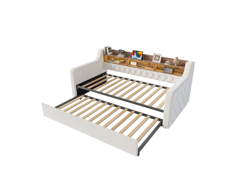  Canapé-lit 90x190 cm, lit enfant, couchage d'appoint, sommier à lattes, couchage gigogne extensible, led, usb et usb-c  - Conforama B