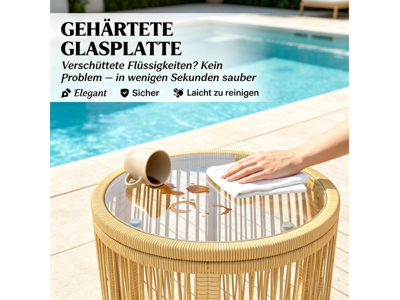  Salon de jardin 2 fauteuils avec table ronde – 63x73x81 cm – beige – coussins déhoussables et plateau en verre trempé  - Conforama E