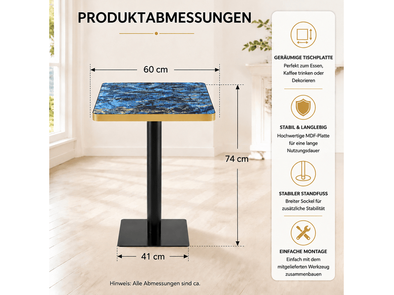  Table à manger carrée, 60x60x74 cm, effet marbre salle à manger et pratique, plateau mdf, piètement métal, coloris bleu  - Conforama C