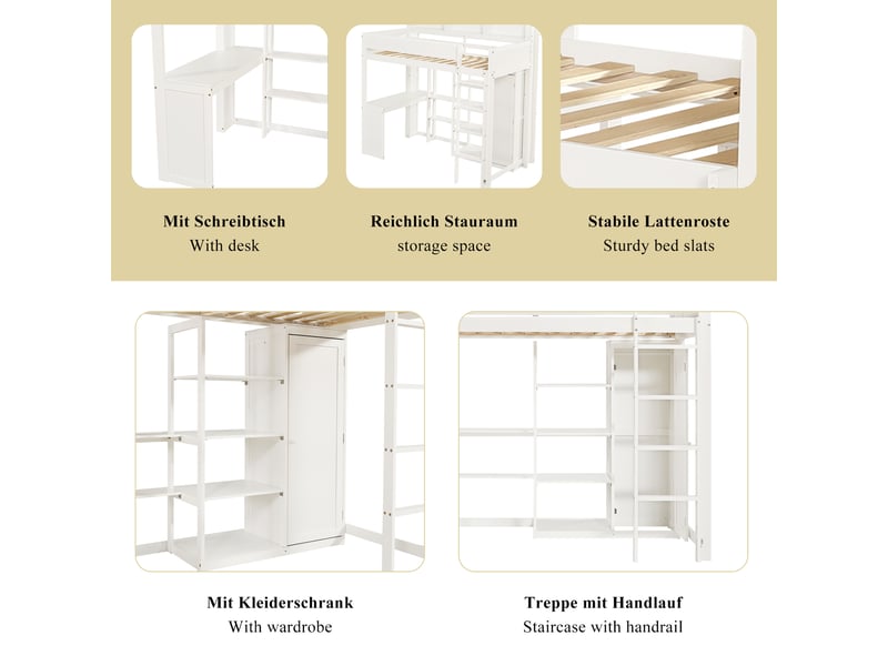  Lit superposé enfant 2 places 90×200 cm avec bureau et armoire - okmyhome- garde-corps, étagères, sans matelas  - Conforama E