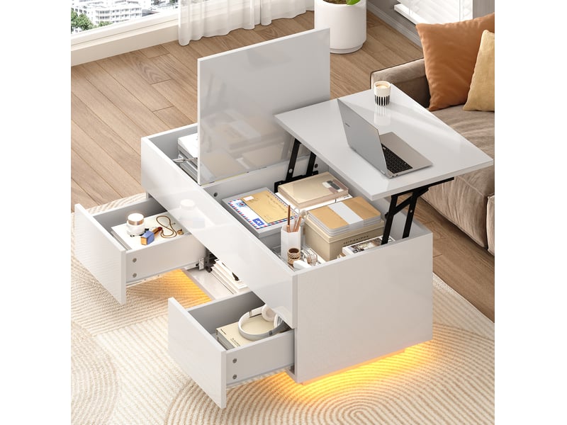  Table basse 100x45x43 cm relevable led panneau de particules blanc  - Conforama C
