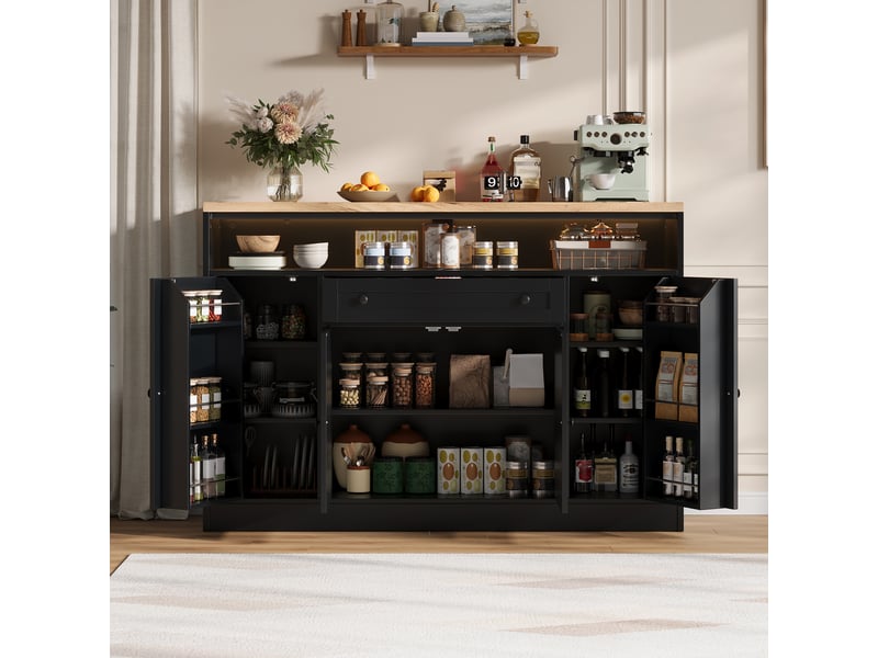 Buffet avec led rgb, 4 portes style grange, tiroir et étagères, meuble mdf 140x35x95cm pour salon et salle à manger - noir - Conforama E