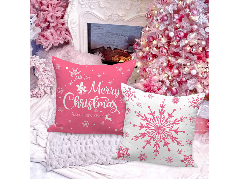  Lot de 4 housses de coussin de noël 45 x 45 cm, motif flocons de neige d'hiver, décoration de noël rose  - Conforama D