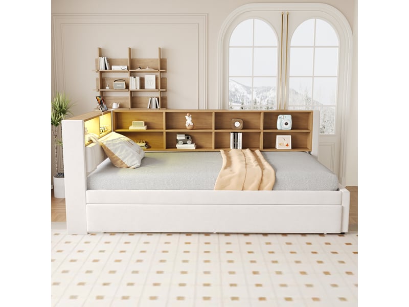  Lit banquette rembourré 90x200 cm avec lit gigogne 90x190 cm, rangements, led, usb, usb-c et prise électrique, sommier à lattes, flanelle beige Radiant Stride - Conforama D