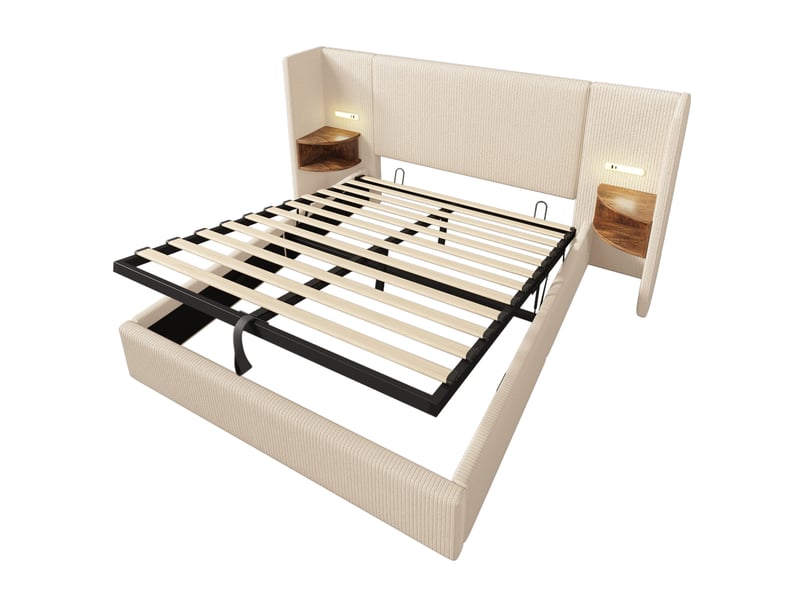  Lit double 160x200 avec table de chevet, lampe de lecture et charge usb-c, structure en bois massif et métal avec rangement, housse en velours beige et blanc (sans matelas)  - Conforama A
