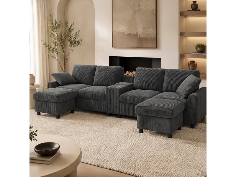 Canapé panoramique en u 4 places avec 2 poufs coffre, table, usb et prises, velours côtelé gris, 315 × 135 × 81 cm - Conforama B