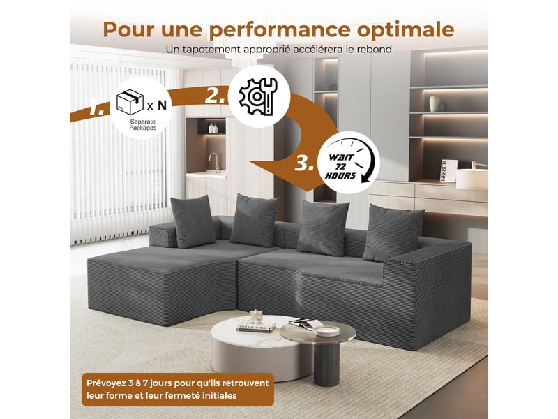 Canapé d'angle gauche modulaire 3 places compressé en velours côtelé,mousse haute densité,sans assemblage,canapé de salon,270x152x59cm,gris 270x152x59CM - Conforama W