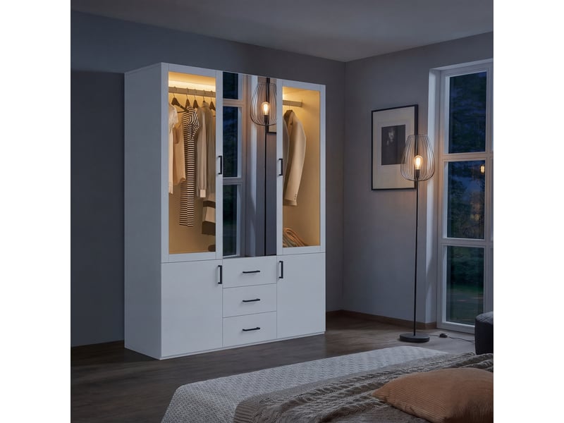  Armoire - 130x51,8x181,5cm - armoire de chambre avec miroir central, portes en verre, éclairage led et tiroirs - blanc  - Conforama C