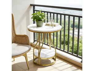 Table d'appoint ronde, 50x50x60 cm, 2 niveaux avec rangement, mdf, marbre blanc doré
