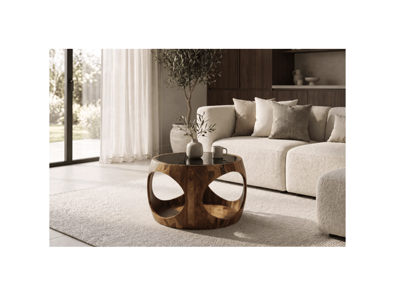 Table basse ronde nera 60 cm en bois de sheesham massif et verre fumé avec niche ouverte - Conforama D
