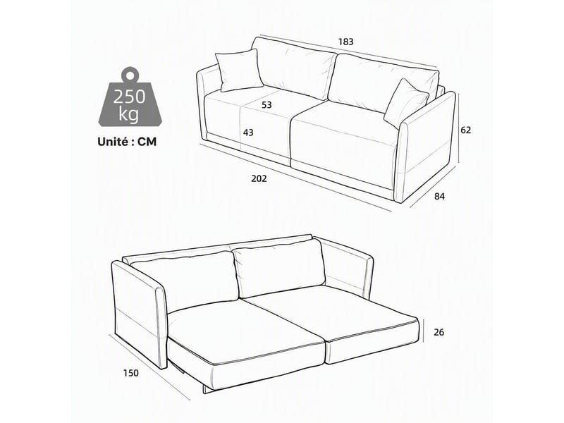  Canapé convertible avec couchage  - accoudoirs en bois, velours côtelé noir, 182 × 88 × 84 cm  - Conforama E