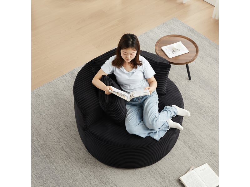  Fauteuil rond une place de 110 cm en velours côtelé noir, fauteuil lounge moderne avec trois coussins pour salon ou chambre  - Conforama D